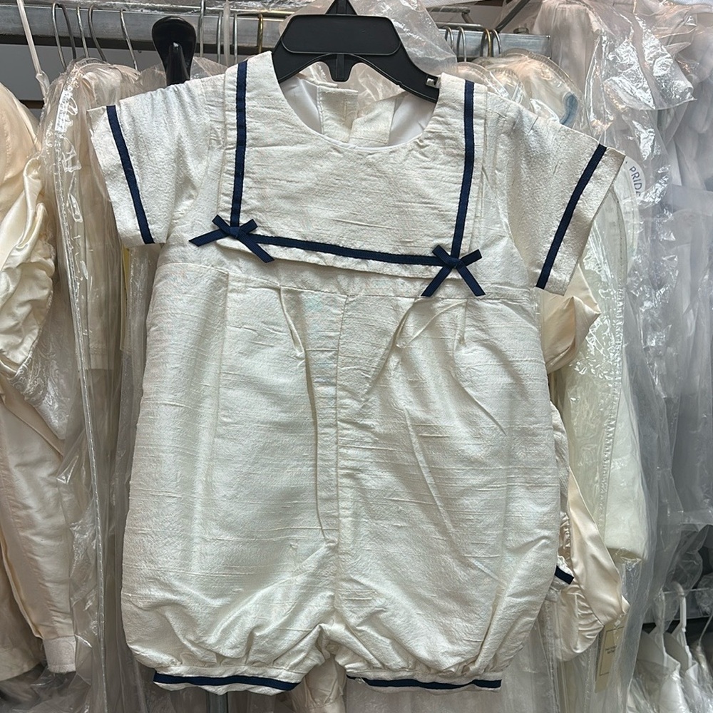 White Silk Baby Romper with Navy Trim